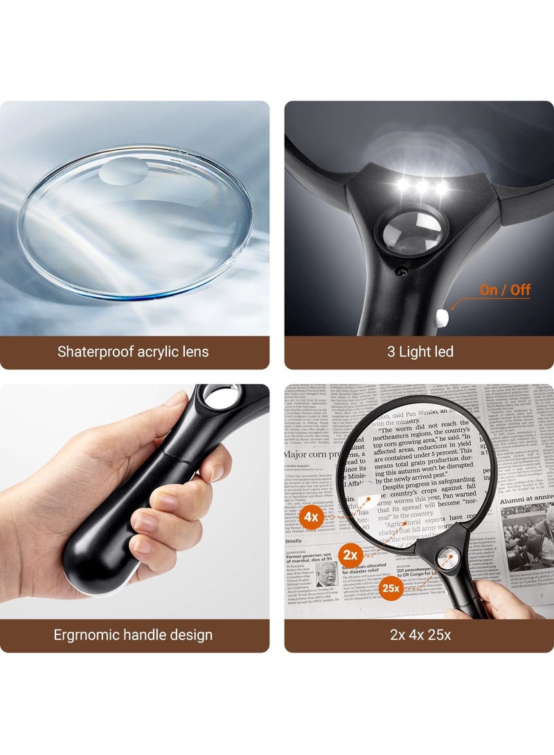 Peachjoy Magnifying Glass with Light, Magnifier 5.5 Inch Extra Large Magnifier, 3 Bright LED Illuminated 2X Magnifying Glass Lens 4X 25X Zoom Lightweight Handheld Shatterproof Magnifiers for Reading - Image 5